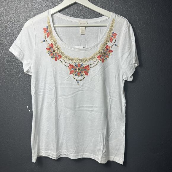 Chico's Women's Optic White Nora Necklace Short Sleeve Knit Fashion Tee 1/(8/10) - Picture 2 of 6